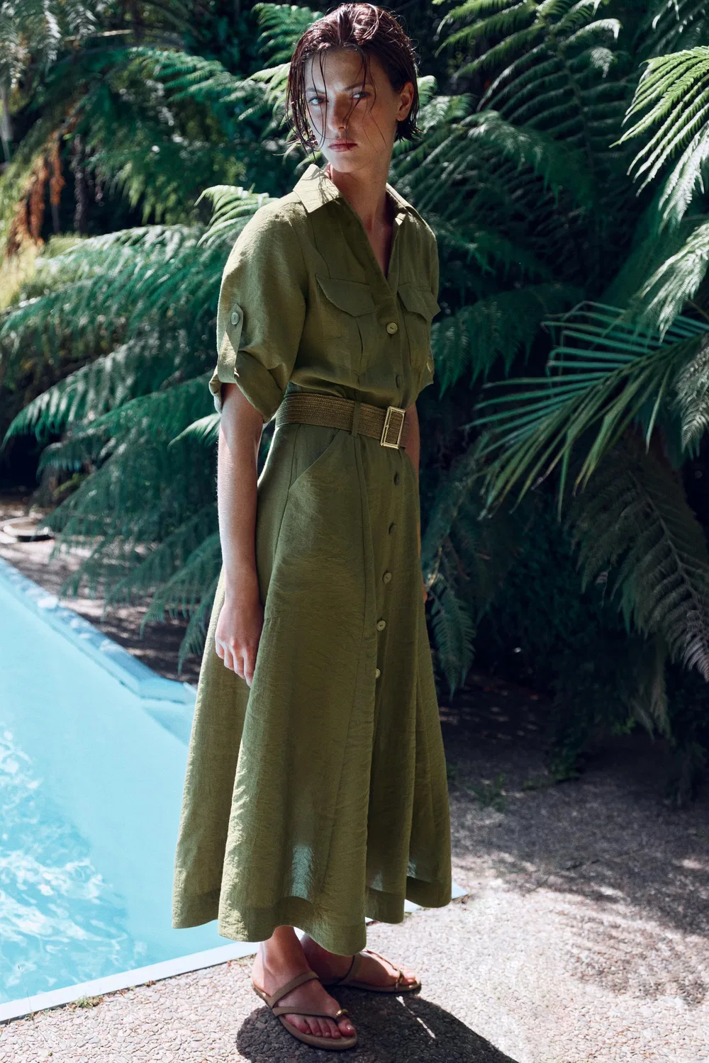 Платье-рубашка миди с поясом ZARA, Khaki