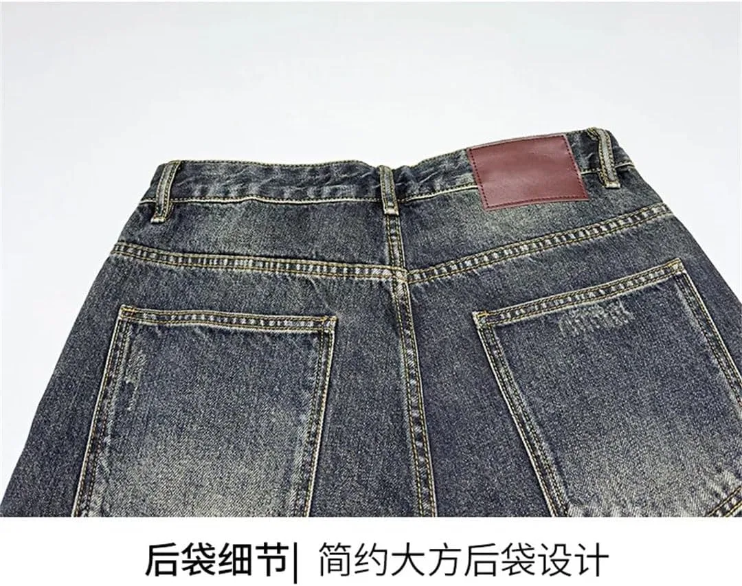 Джинсы потертые, Men's Vintage Frayed Edge Tapered Jeans Loose Fit Jeans, retro blue — фото 4