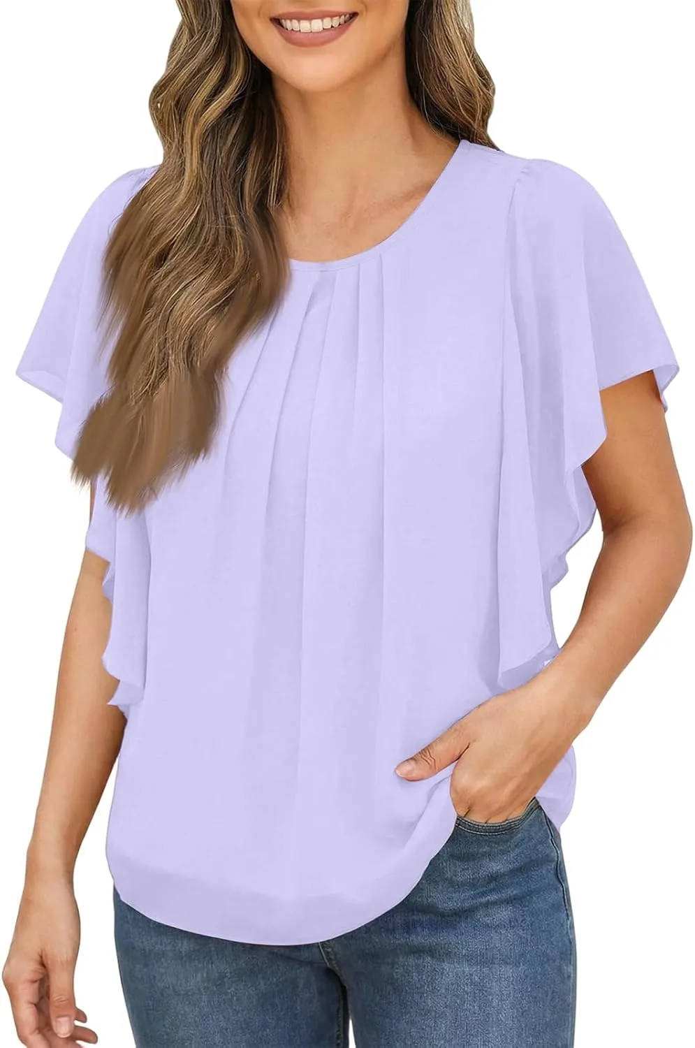 

Короткие рубашки для женщин Chiffon Flowy Tops летние с круглым вырезом