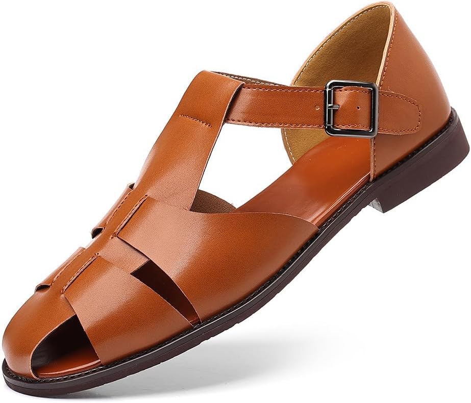 

Мужские закрытые сандалии-рыбацкие Santimon с пряжкой, летние туфли из дышащей искусственной кожи, удобные повседневные сандалии для работы, путешествий и прогулок, коричневый