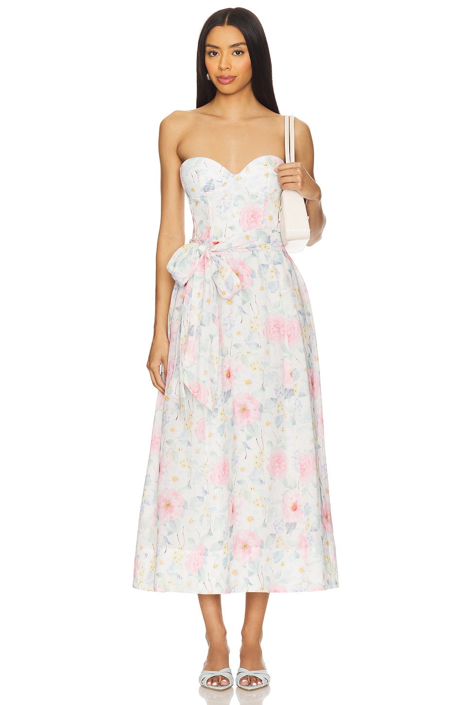 

Миди-платье с цветочным принтом и галстуком Bardot, summer white floral