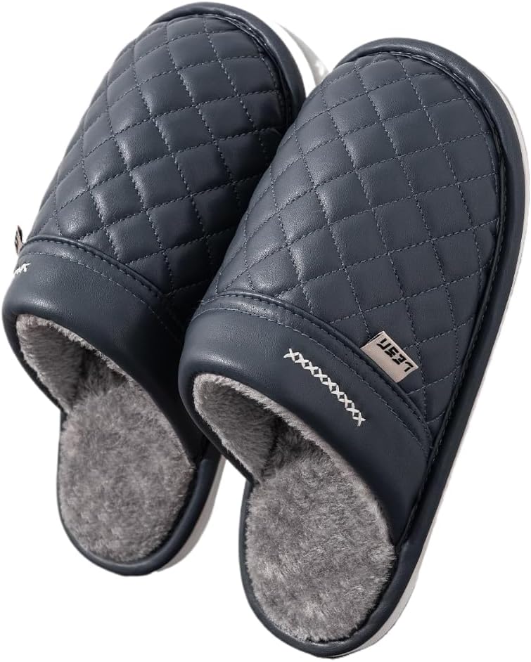 

Мужские домашние тапочки с премиум-класса, кожаные, с термоэффектом, узором «алмазная стежка», противоскользящие, мягкие, теплые и пушистые Generic, синий