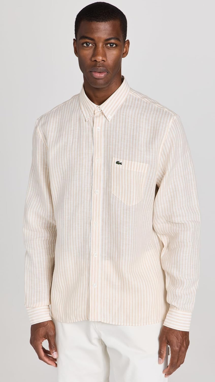 Мужская рубашка Lacoste Reg Fit Linen Casual Button Down, White/Croissant — фото 2