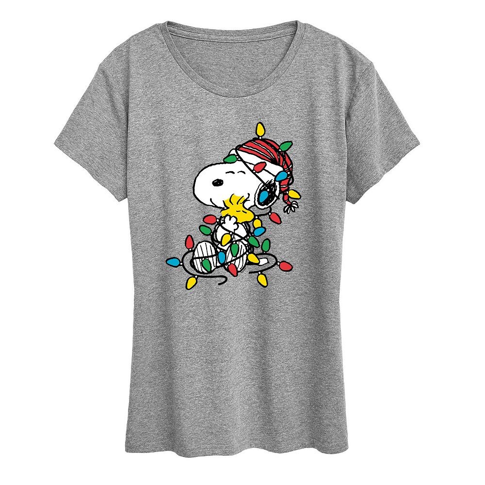 

Женская футболка с рисунком Peanuts Snoopy & Woodstock Christmas Lights Licensed Character, цвет Heather Gray