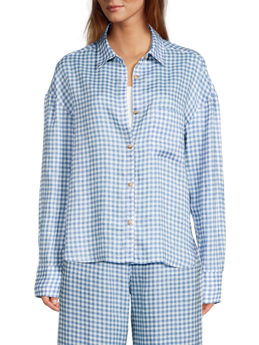 

Рубашка свободного кроя в клетку Gingham из 100% льна Saks Fifth Avenue, цвет Gingham Blue