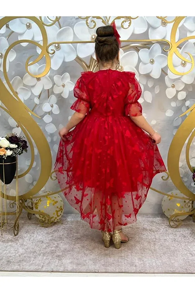 Детское платье для девочек кружевное с принтом Alya red butterfly patterned tailed short-sleeved lace girls dress with buckle accessories Alya Butik, Red — фото 2