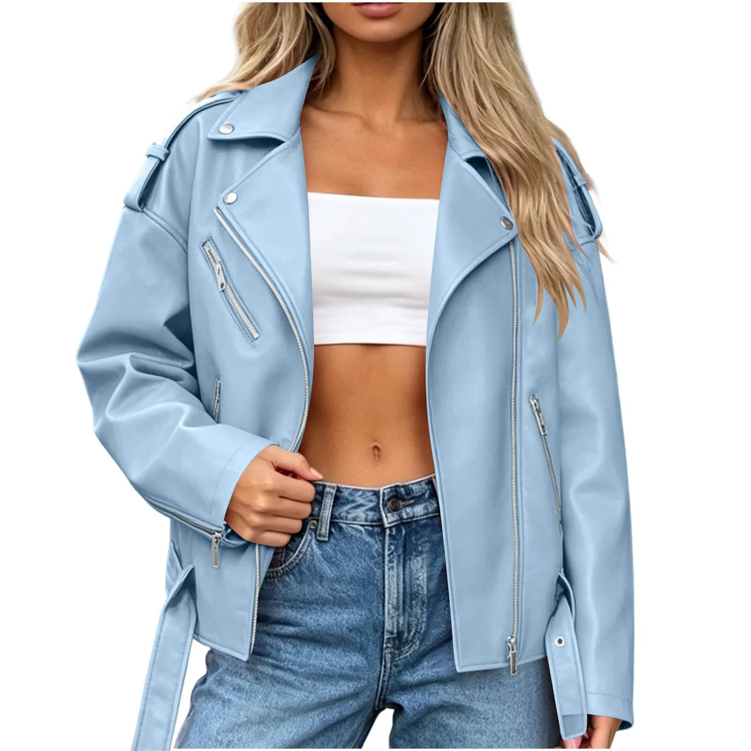 Женская куртка-косуха из экокожи с принтом UK moto Biker, Blu cielo 1