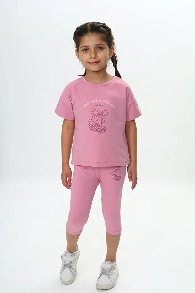 Детский комплект для девочек с принтом Heart Bow Printed Capri Suit Toontoy, Dried Rose — фото 2
