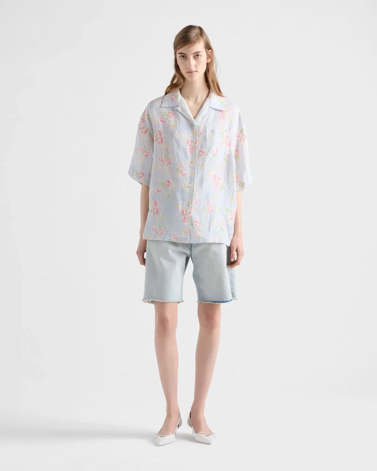 Рубашка с коротким рукавом Floral Print Old Linen Prada, голубой — фото 2