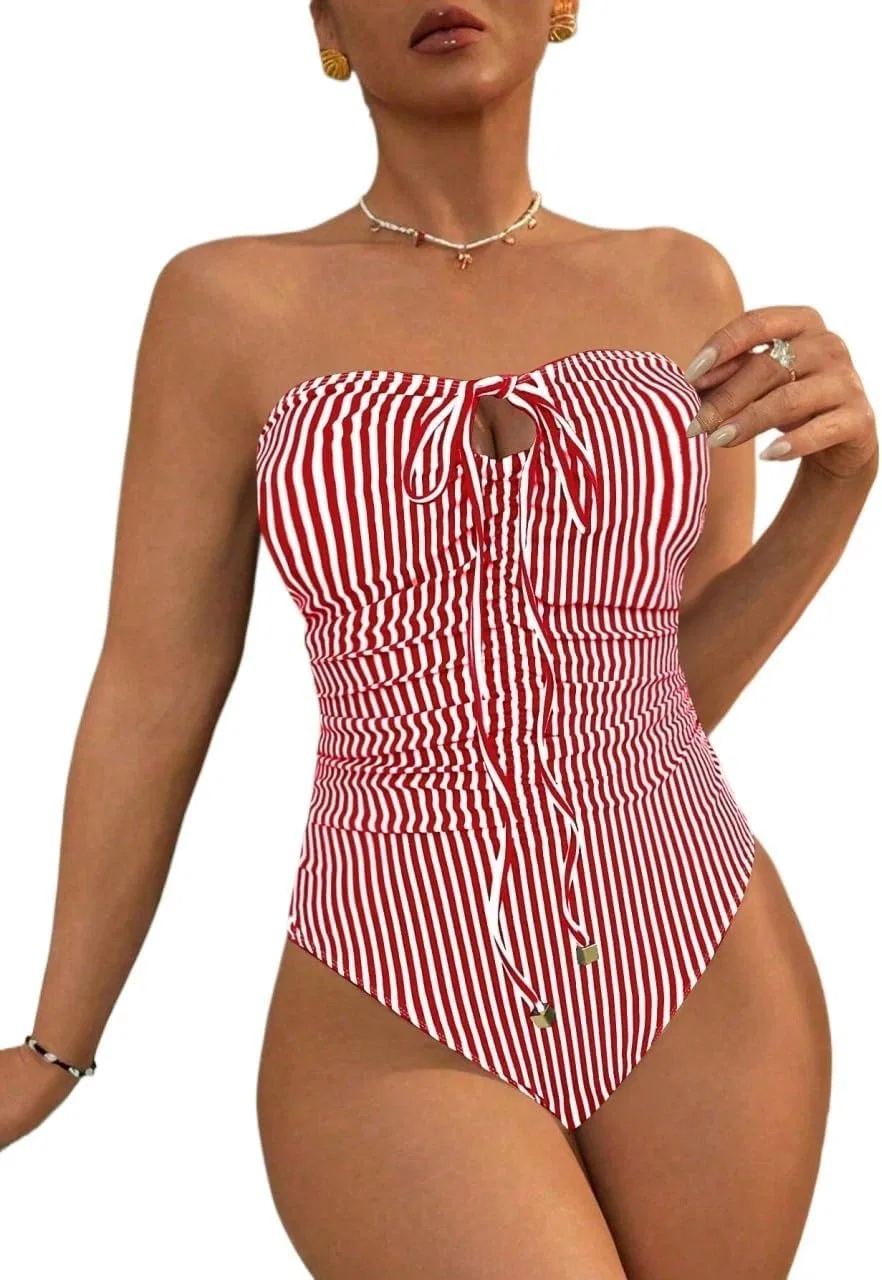 Женский купальник слитный с вырезами и драпировкой Striped, Red and White