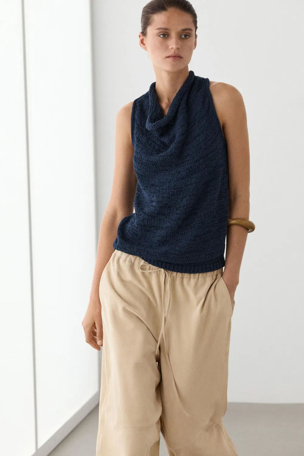 Топ Massimo Dutti Knit With Draped Neckline, темно-синий