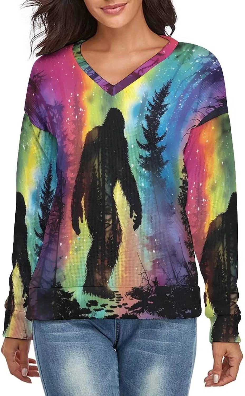Женский свитер с V-образным вырезом с принтом, Bigfoot Colorful Psychedelic Forests Mist