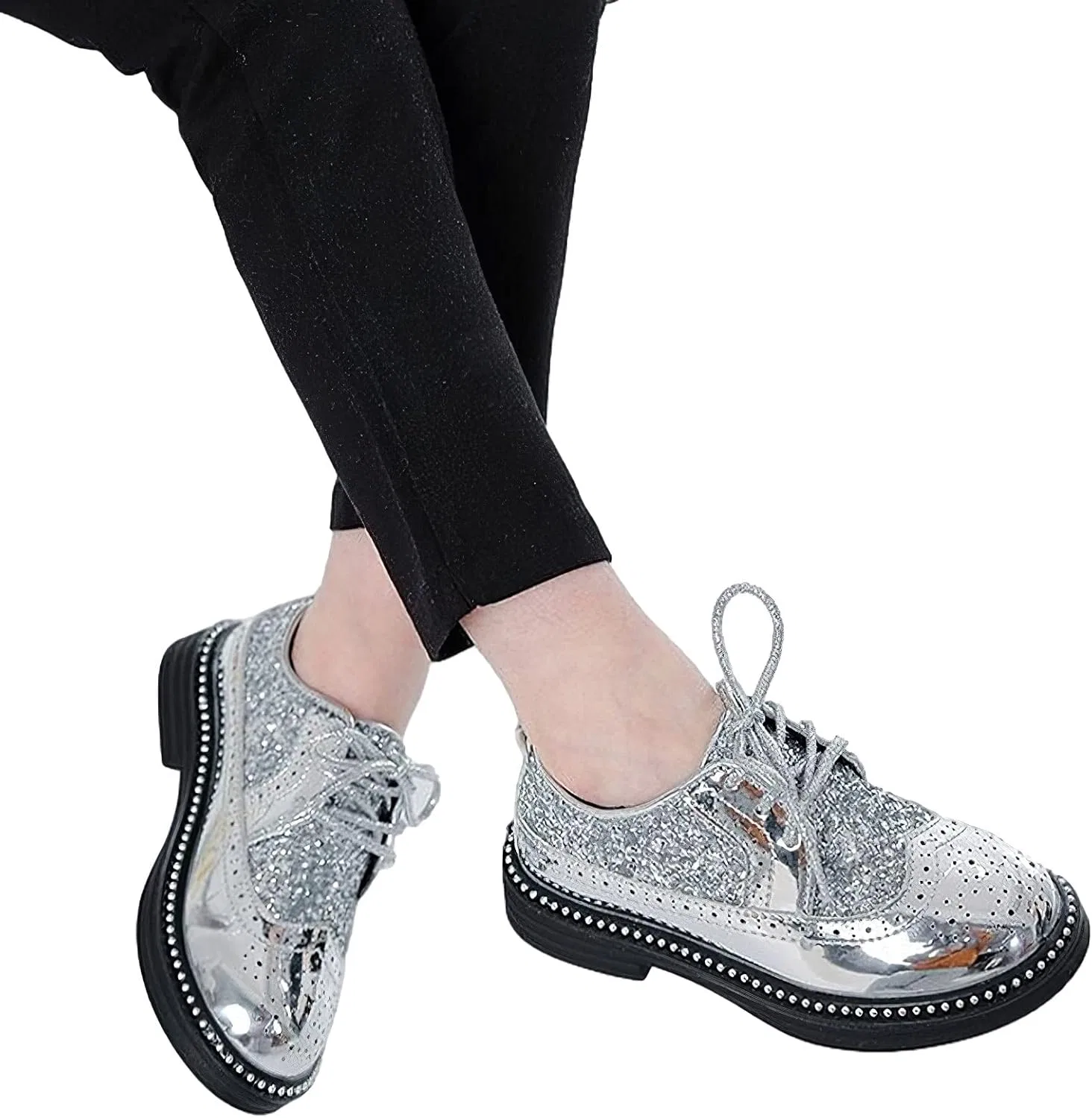 Детские оксфорды с блестками и шнуровкой Wingtip Brogue rismart, Silver — фото 2