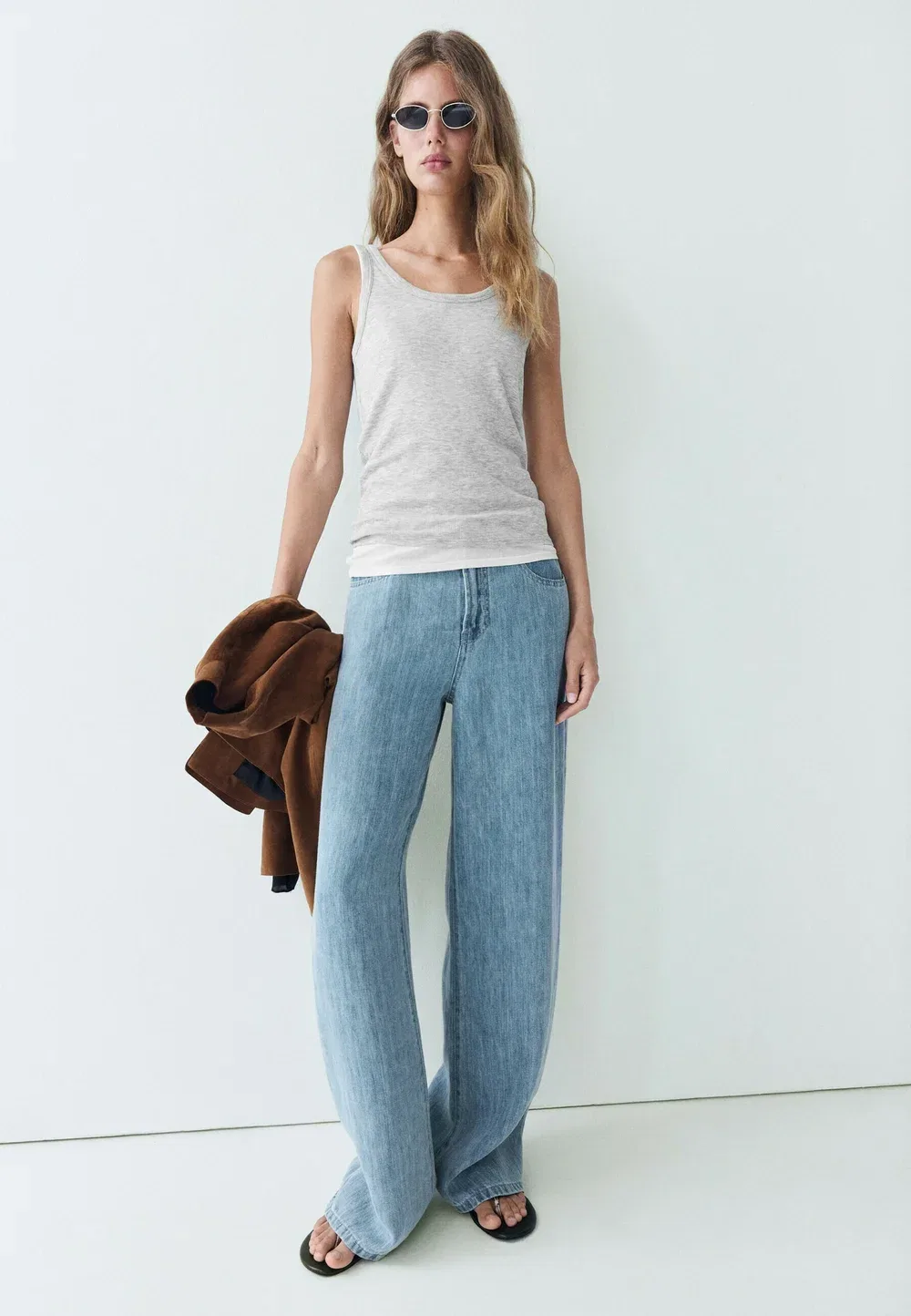 100% хлопковый ребристая двухслойная футболка - топ Massimo Dutti, Grey — фото 4