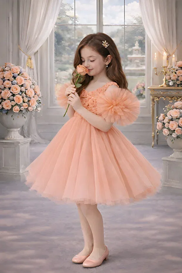 Детское платье для девочек с принтом Pompom sleeves Rumi Kids, Salmon — фото 2