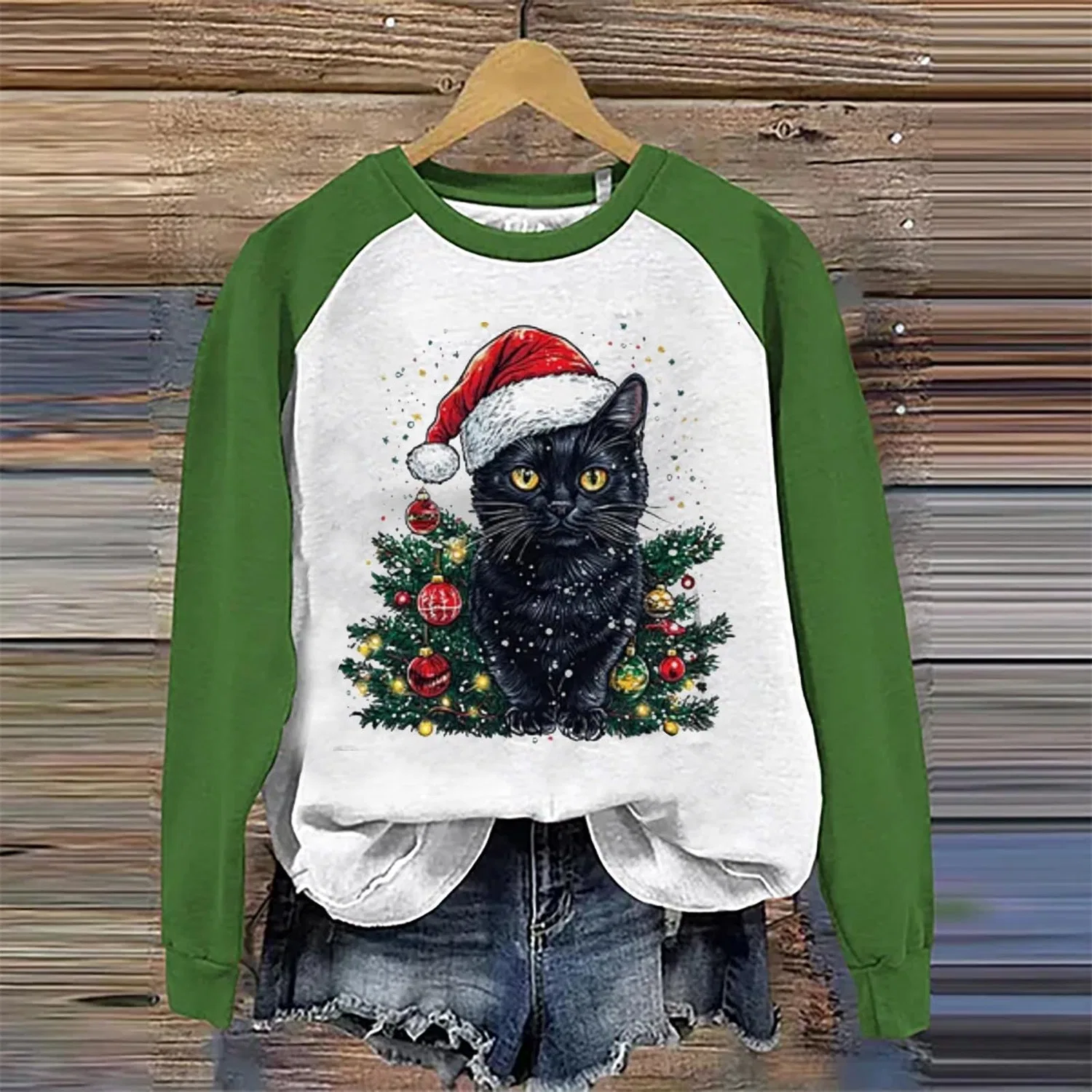Женский свитшот с принтом Christmas Tree Funny Cat Say What Woman Pullover, Z11 Green — фото 2
