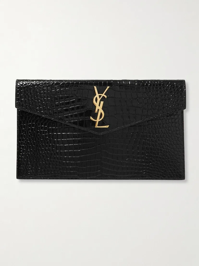 Клатч Uptown из лакированной кожи с тиснением под крокодила SAINT LAURENT, черный