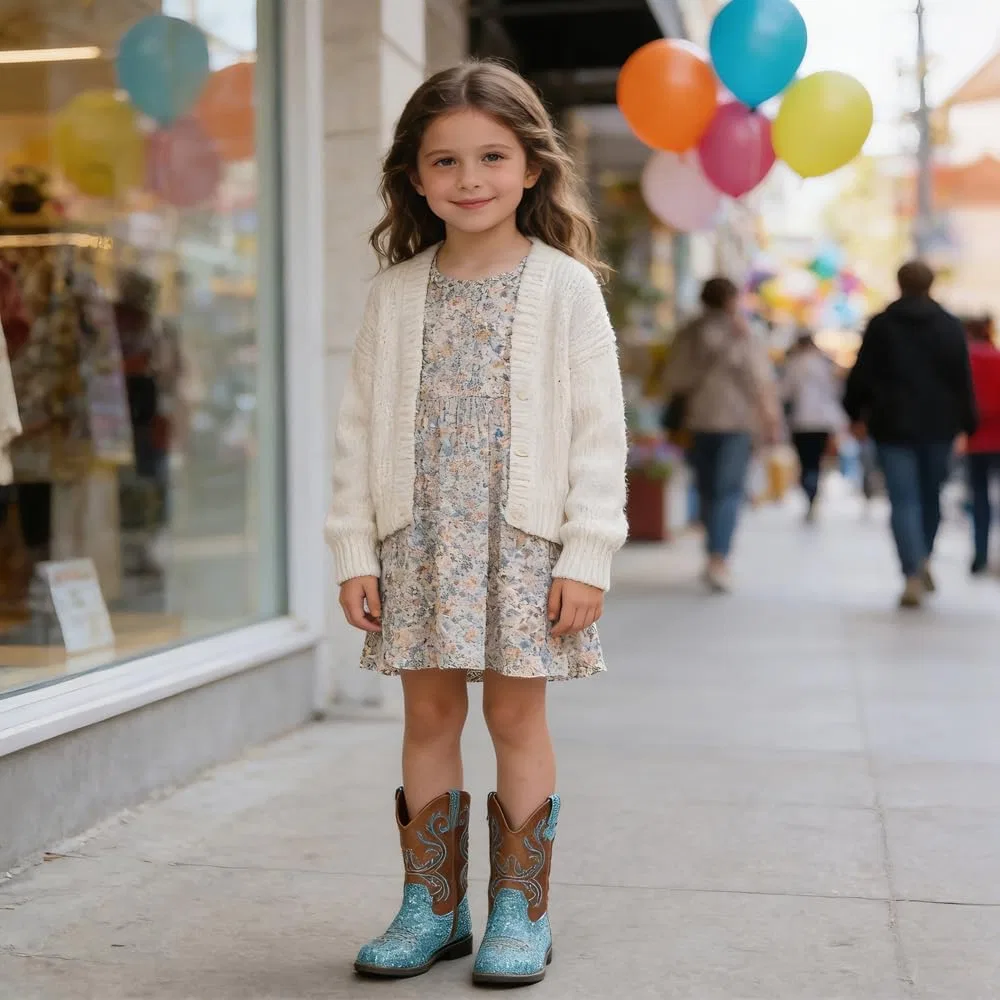 Детские сапоги для девочек и мальчиков с блестками Cowgirl Boots kkdom, Glitter Blue — фото 4
