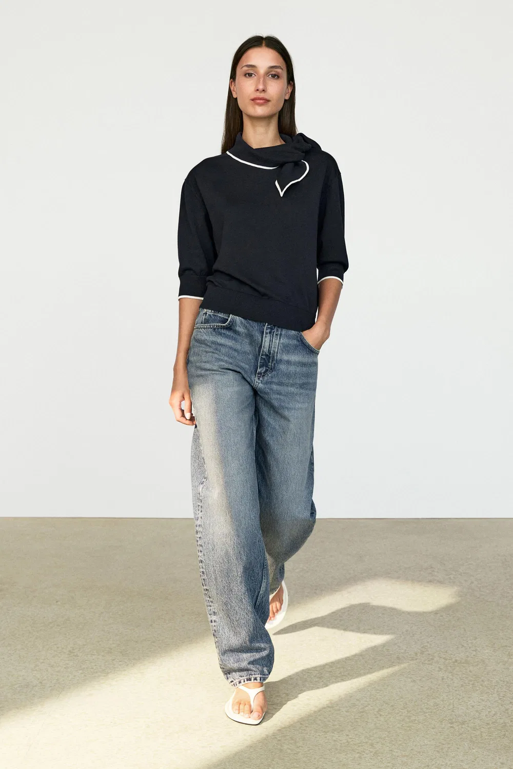 Свитер Massimo Dutti 100% Cotton Knit With Scarf Detail , темно-синий — фото 3