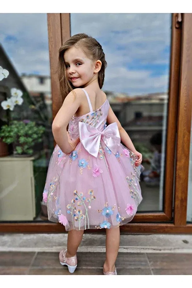 Детское платье для девочек с принтом One-Shoulder Floral Evening Dress Sare Çocuk Giyim, Pink — фото 4