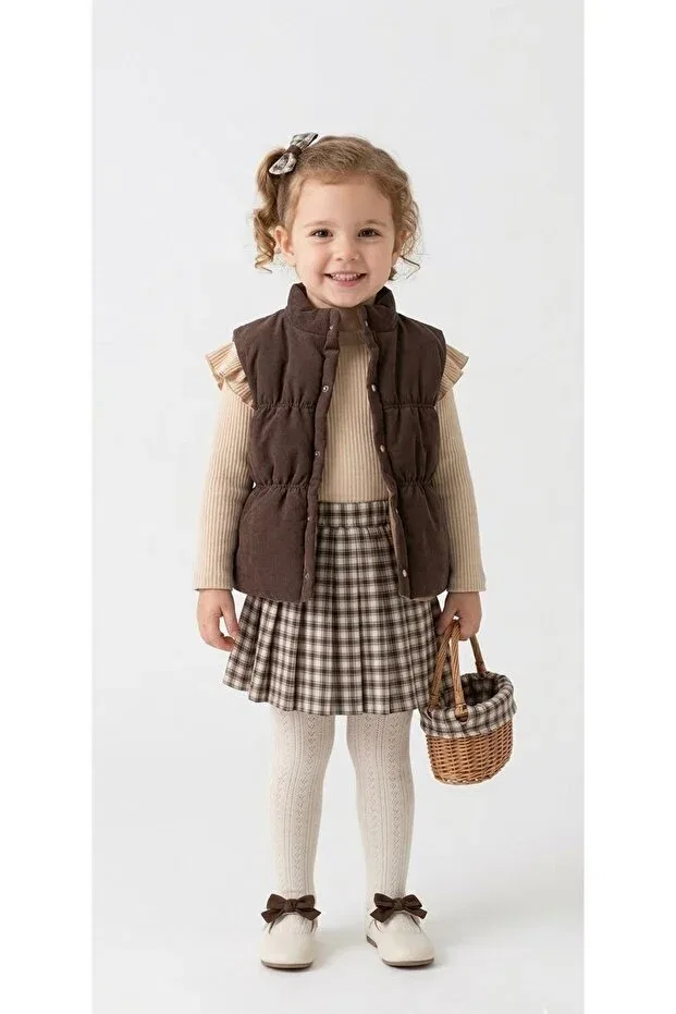 Детский комплект для девочек с принтом Plaid Skirted Pantyhose Vest Set Holiday Jikko Baby, Brown