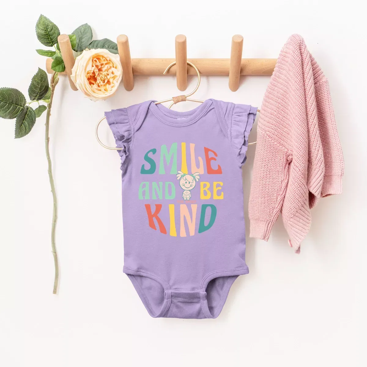 Детское боди для девочек с принтом Mini Smiley Smile and Be Kind Aria The Juniper Shop, Lavender — фото 3