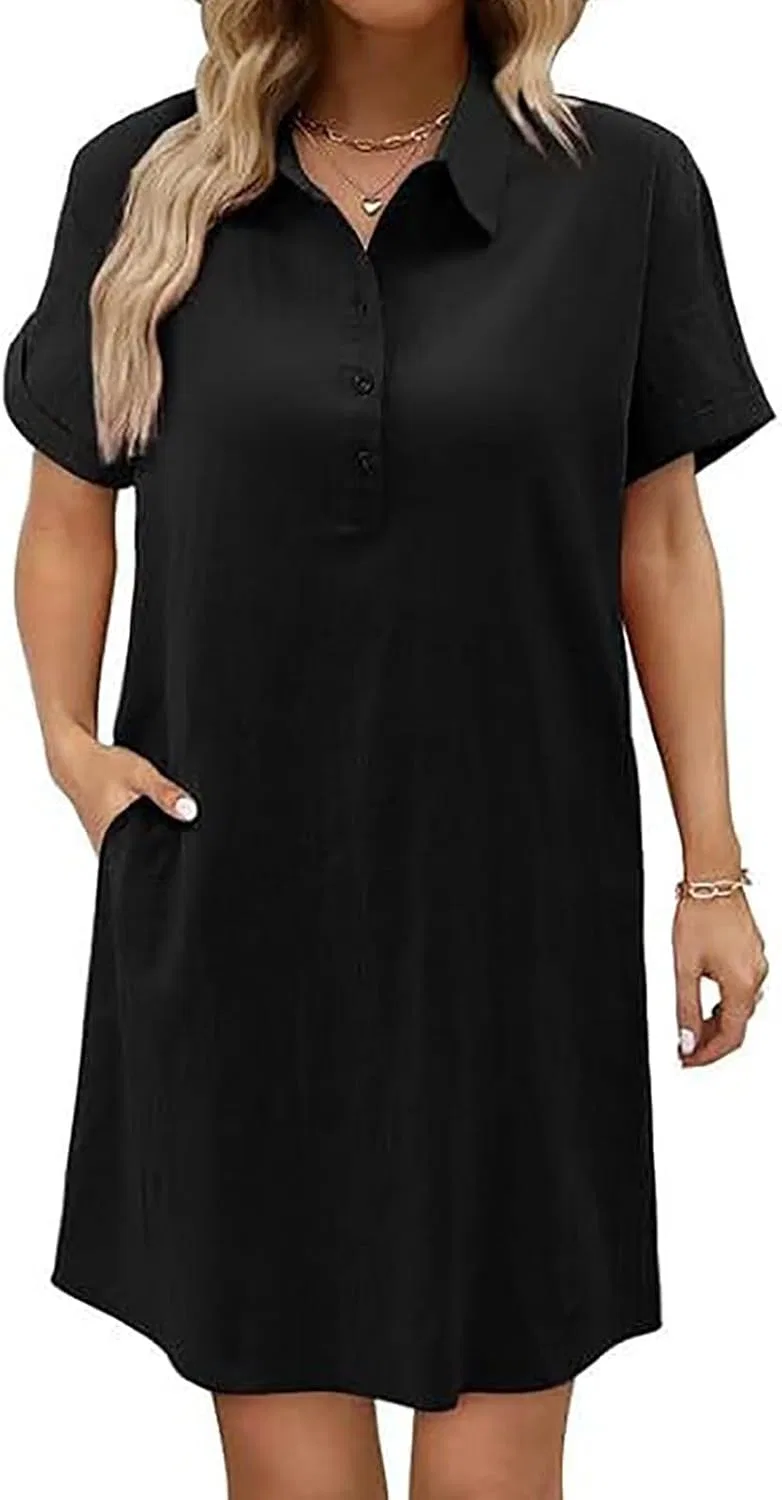 Женское повседневное платье-поло с коротким рукавом из хлопка и льна, Black — фото 2