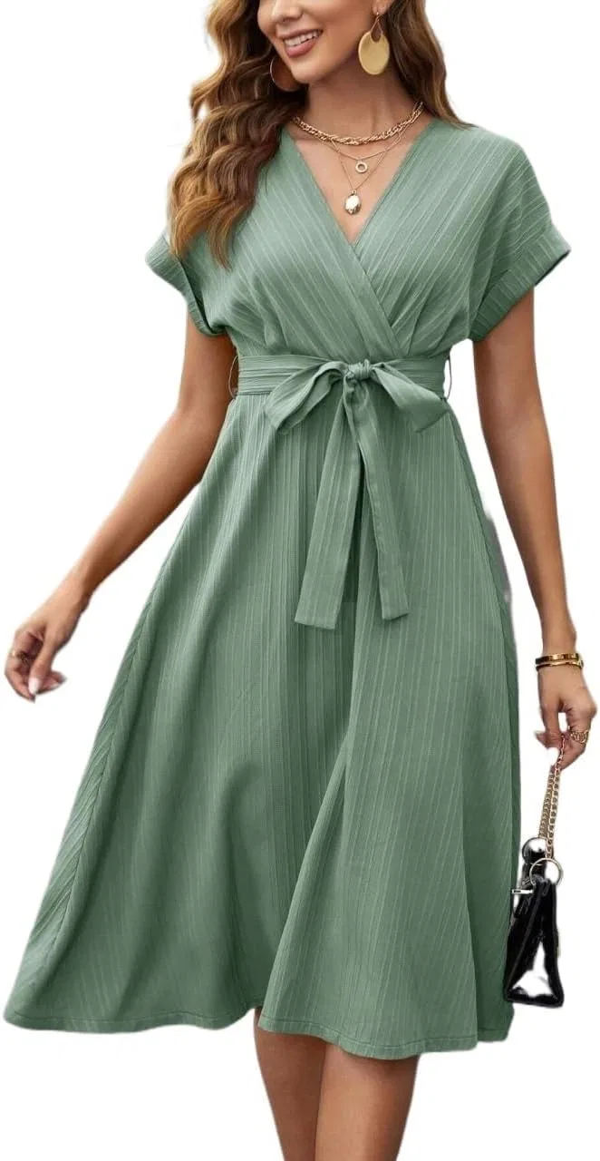 Женское платье миди с V-образным вырезом и поясом, Mint Green