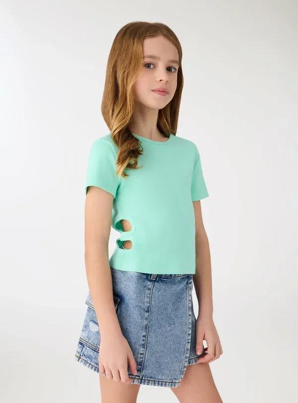 Футболка укороченная с вырезом, хлопок, Crop con cut-out - print t-shirt, Terranova, светло-зеленый водный — фото 2