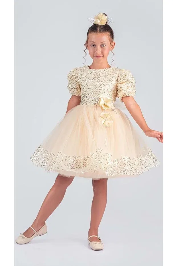 Детское платье для девочек с пайетками Venna Mnk Baby&Kids, Yellow — фото 4