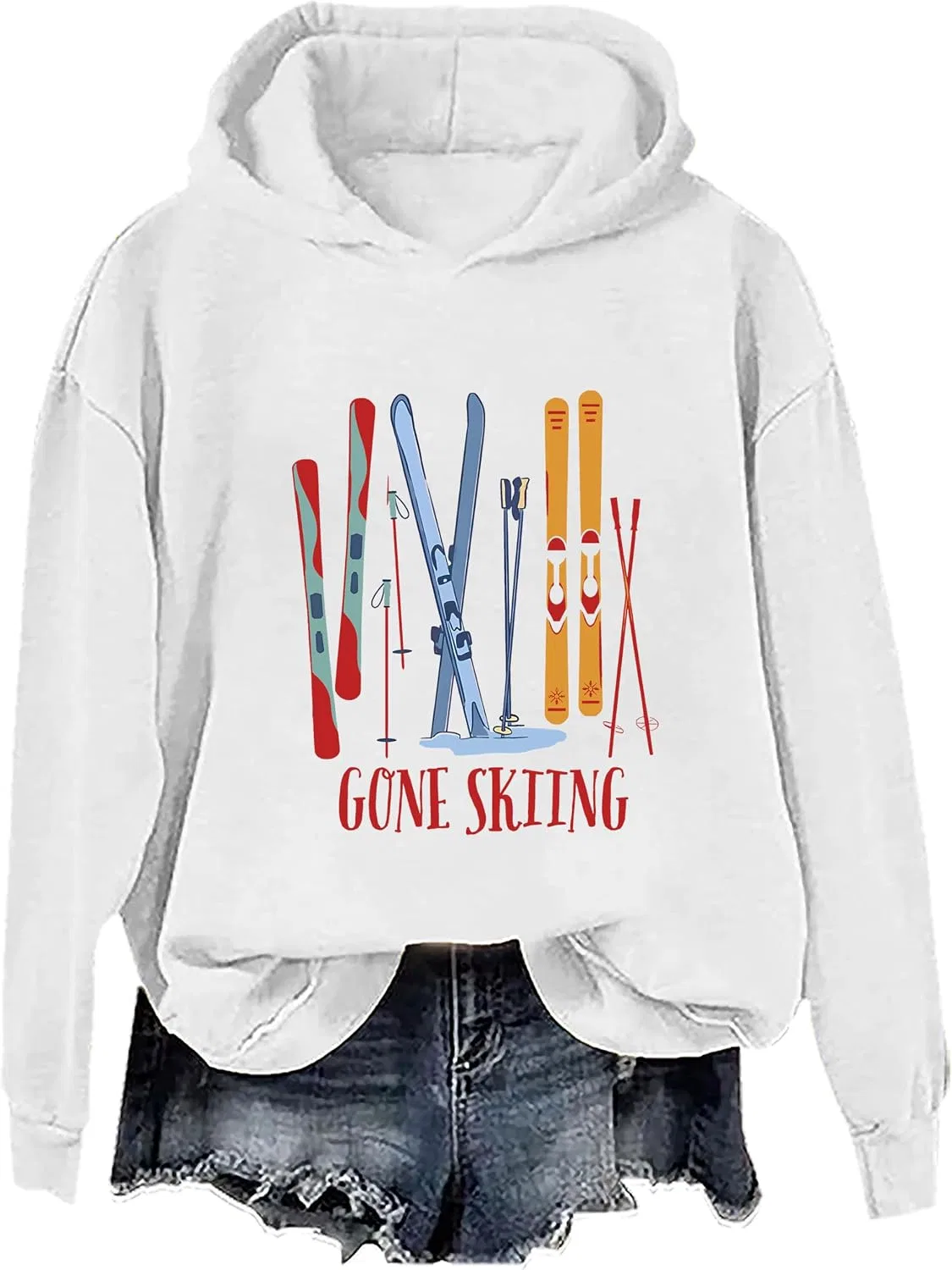 Женское худи с принтом, длинный рукав, Gone Skiing, белый