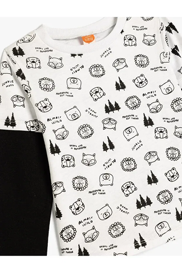 Детская футболка с принтом Long Sleeve Crew Neck Animals Printed Cotton Koton, Ecru Patterned — фото 3