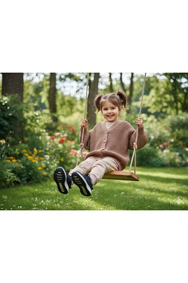 Детский кардиган оверсайз с длинным рукавом Wooden Button Detailed Winter Unisex Knitwear Oversize Children's Cardigan Nimini Kids, Coffee — фото 2