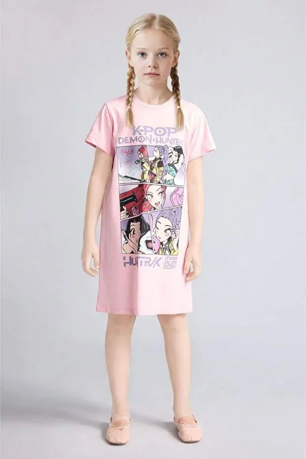 Детское платье для девочек с принтом Kpop - demon hunters short sleeve dress Defacto, Pink-Pn636