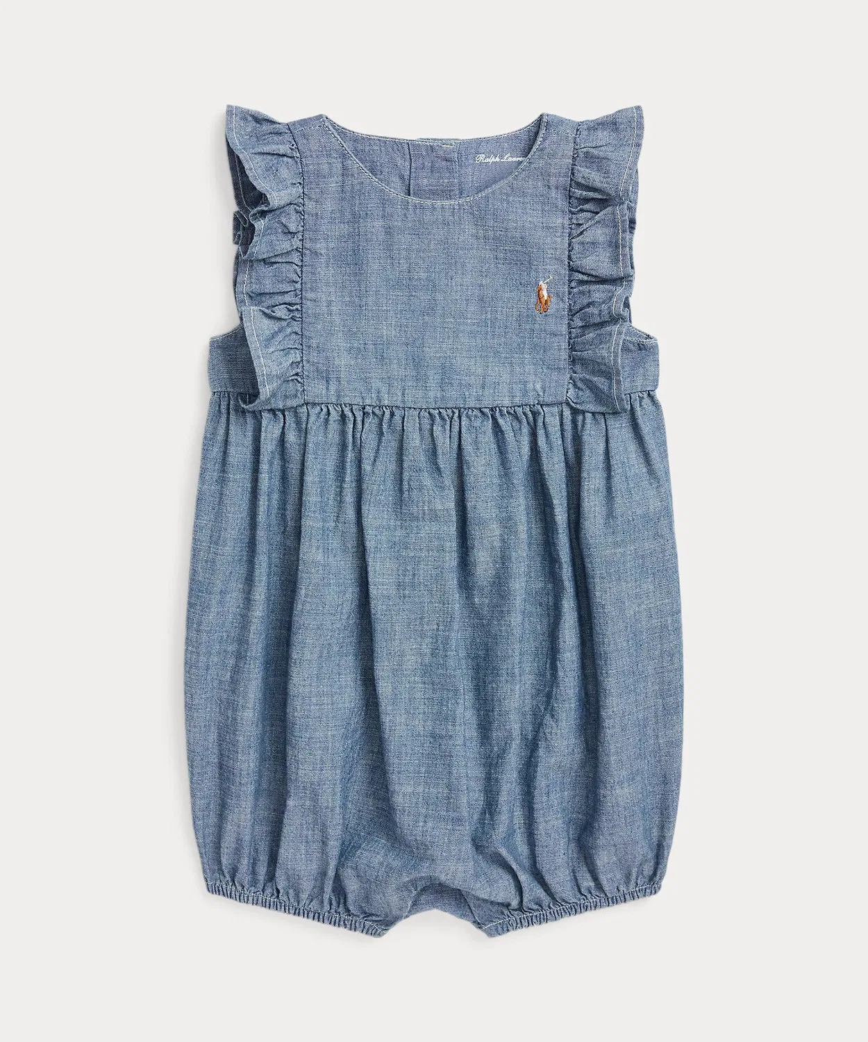 Детский боди-комбинезон с рюшами и вышивкой пони Indigo Chambray Bubble Shortall POLO RALPH LAUREN CHILDRENSWEAR, Синий