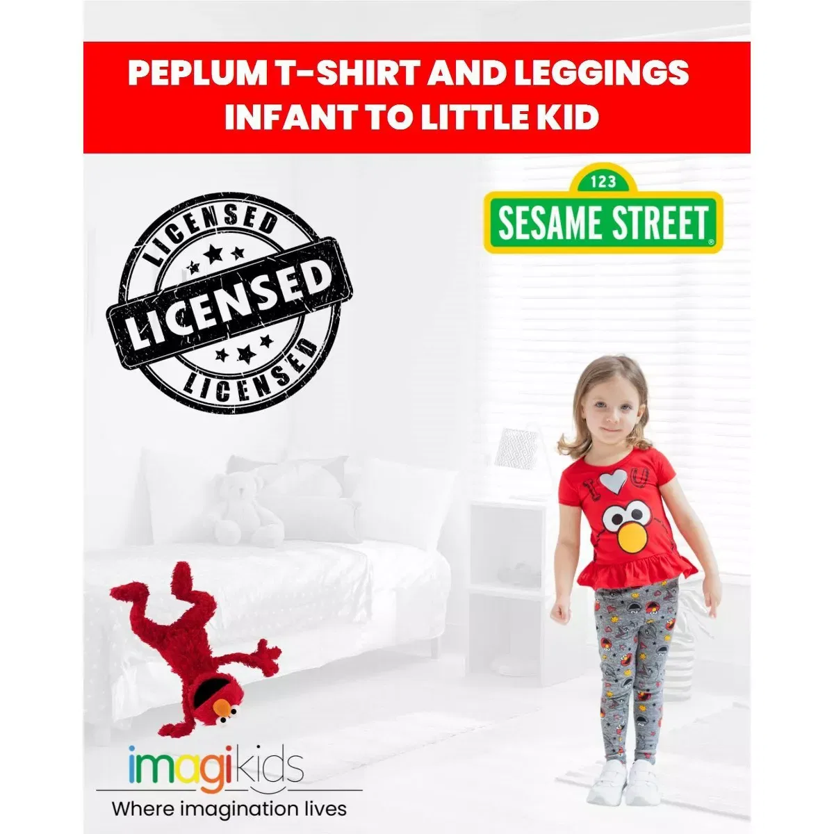 Детский комплект для девочек с принтом Sesame Street Peplum T-Shirt Leggings Outfit Set, Red — фото 2