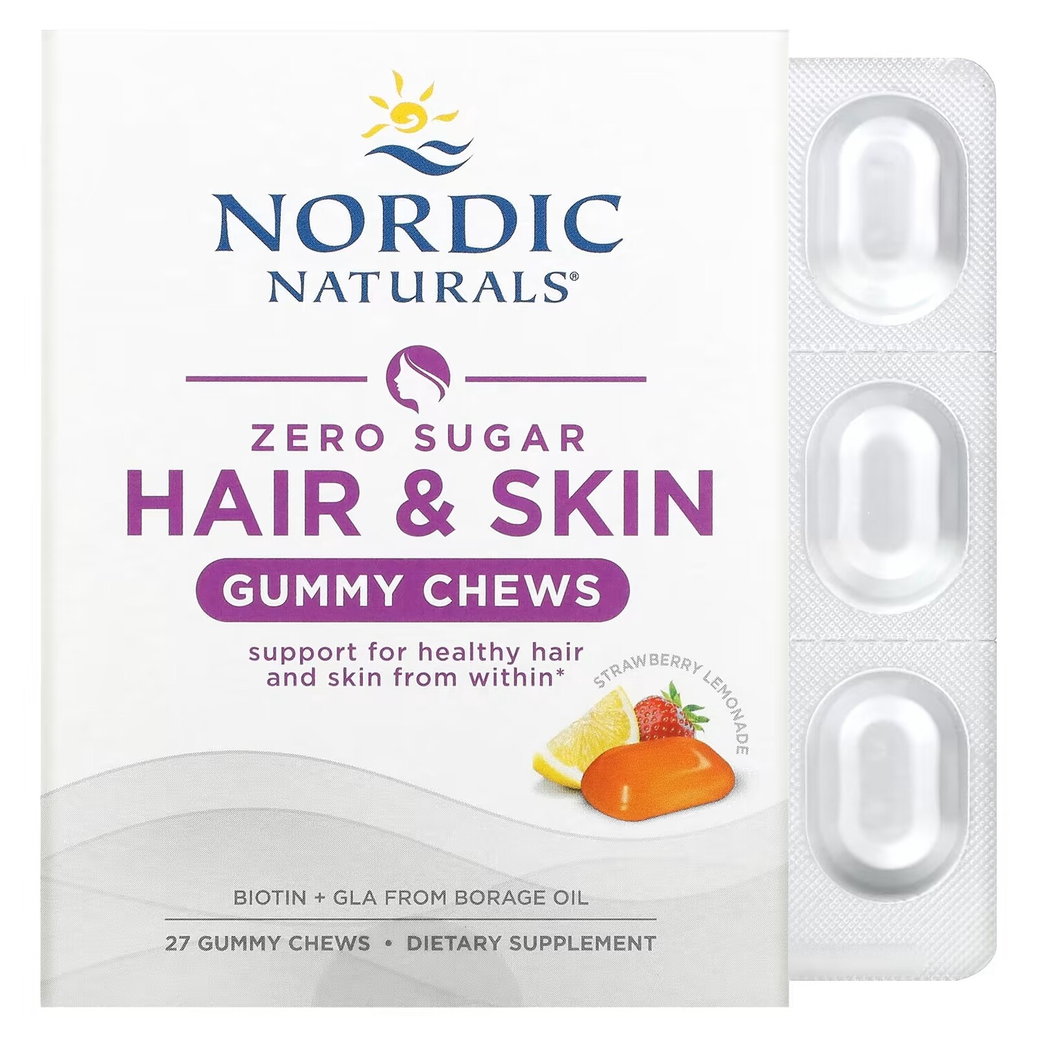 

Nordic Naturals Zero Sugar Hair & Skin Gummy Chews Strawberry Lemonade, 27шт