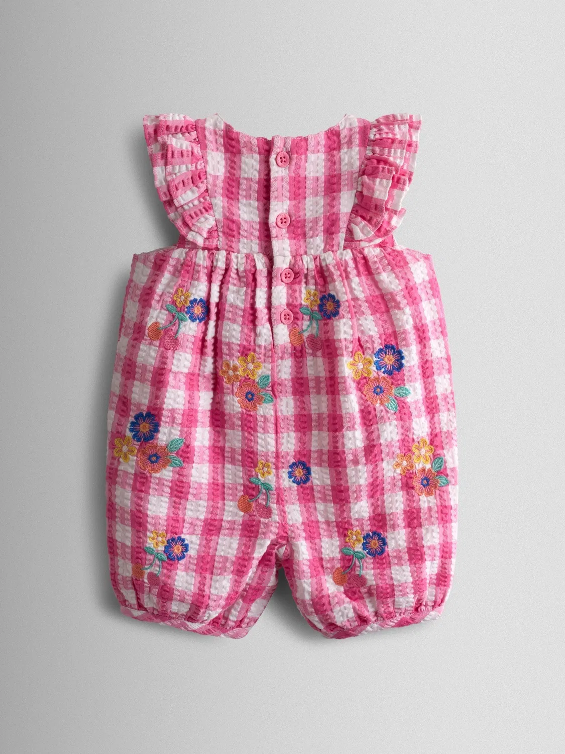 Комбинезон с оборками на плечах и вышивкой JoJo Maman Bébé, фуксия-гингам — фото 2