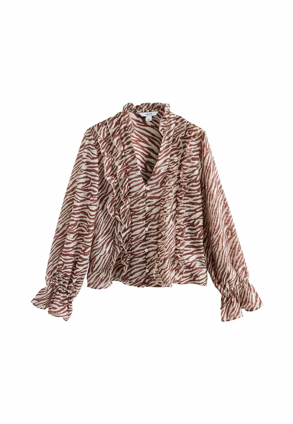 Блузка прямого кроя с длинными рукавами и оборками, на пуговицах Next, Chocolate Ecru Zebra Print