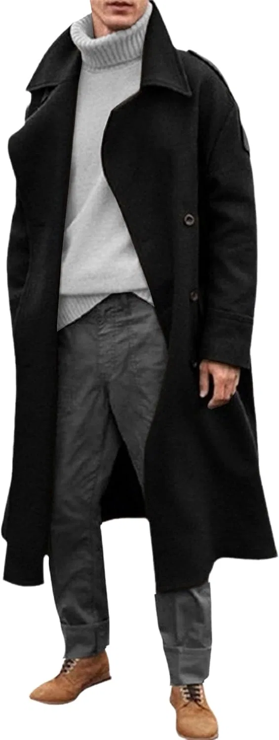 Мужское длинное пальто Oversized Notched Long Faux Blend Trench Coat, чёрный