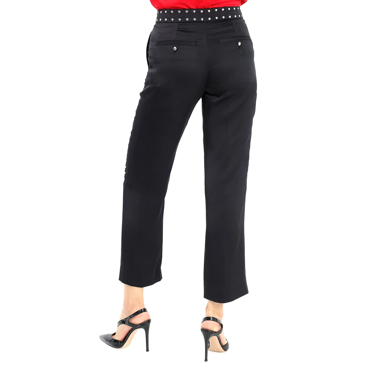 Брюки прямого кроя из шелкового сатина с заклепками Black Silk Satin Studded Tailored Trousers Burberry, Black — фото 3