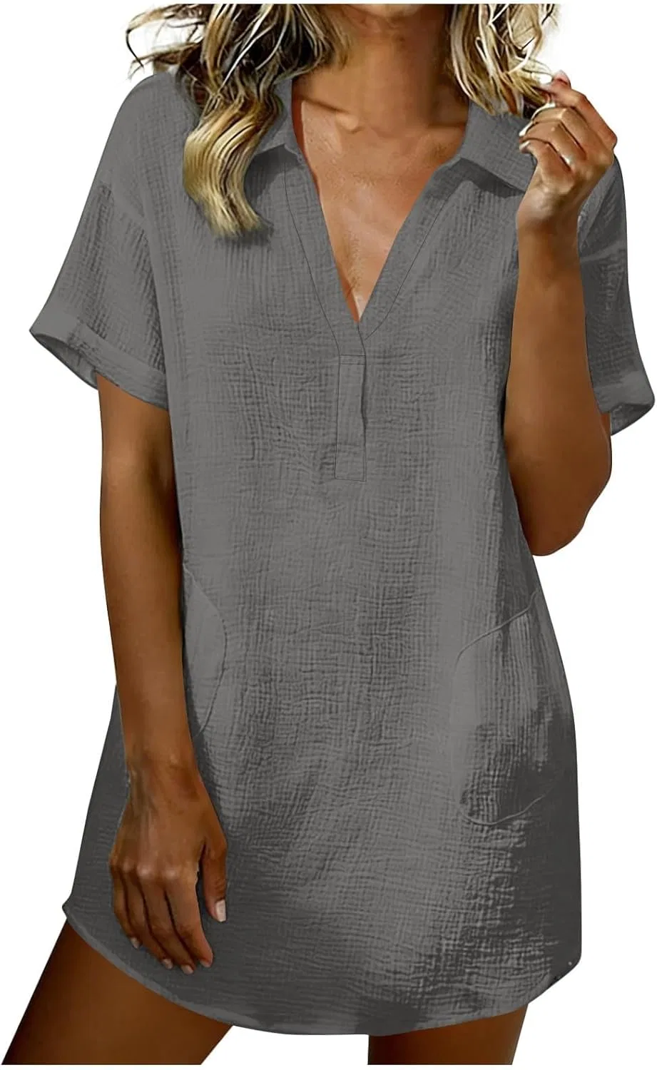 Женское летнее платье-рубашка из хлопка и льна с отложным воротником Generic, Dark Gray