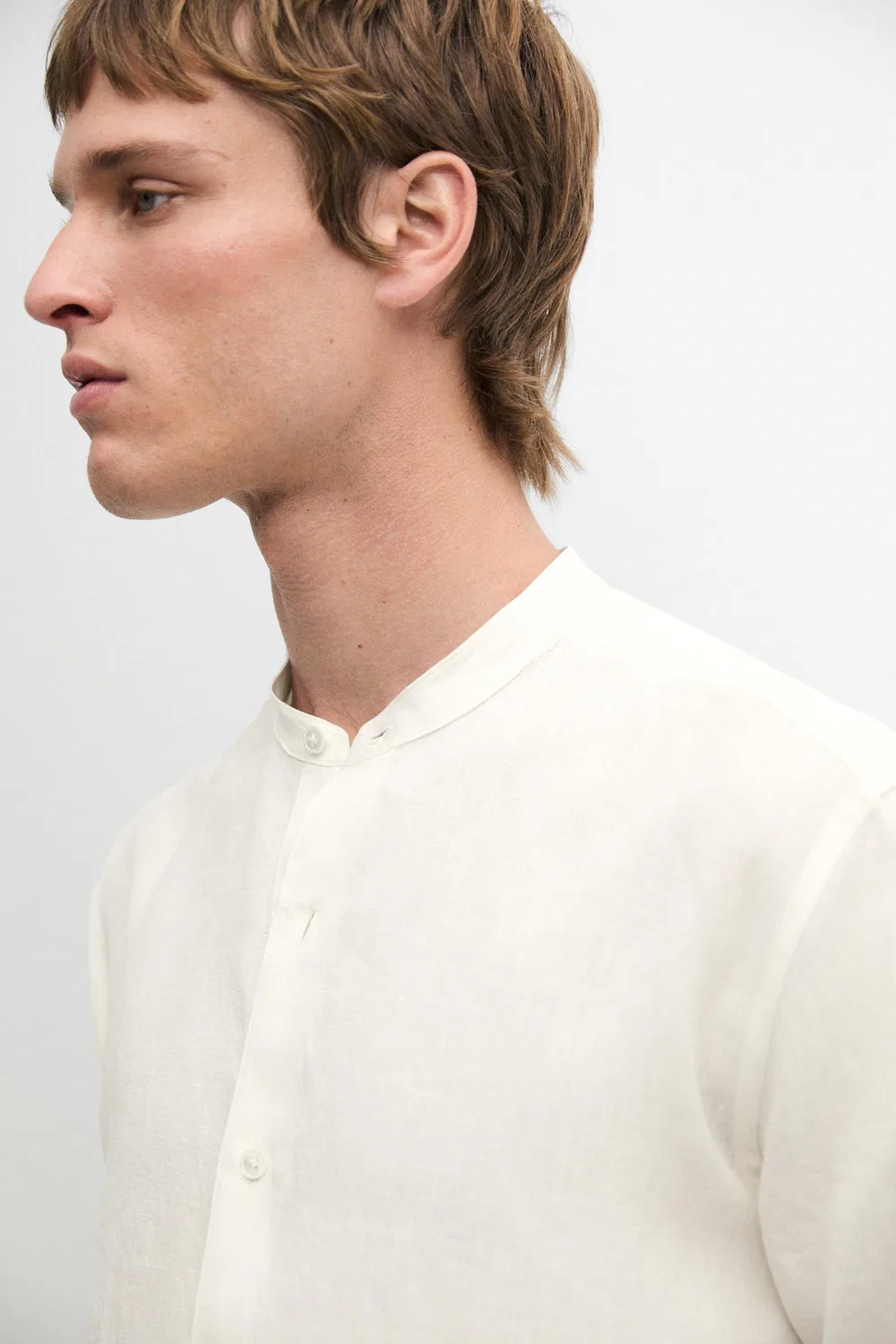 Рубашка из 100% льна, прямого кроя, со стоячим воротником Massimo Dutti, кремовый — фото 4