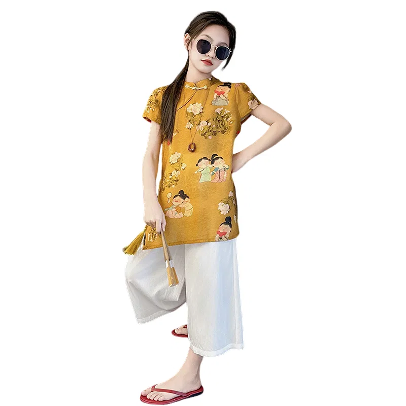 Детский комплект в стиле New Chinese Стоячий воротник Lanza, Цвет Ginger Yellow