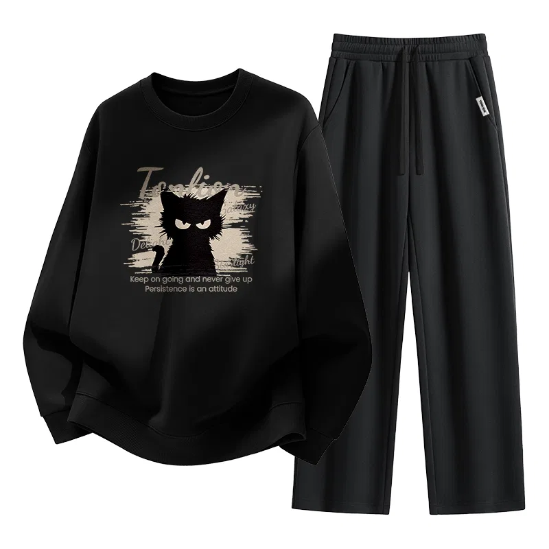 Детский комплект из свитшота и брюк с принтом Cool Cat Print Tonlion, Бежевый И Черный — фото 3