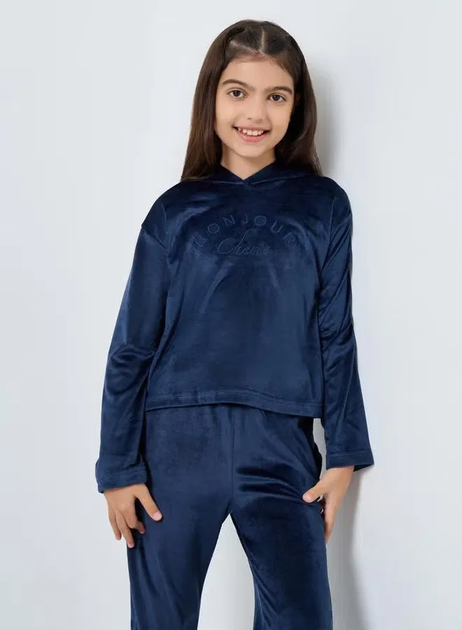Комплект из футера с вышивкой Teens velour embroidered hoodie and joggers set Styli, темно-синий — фото 2