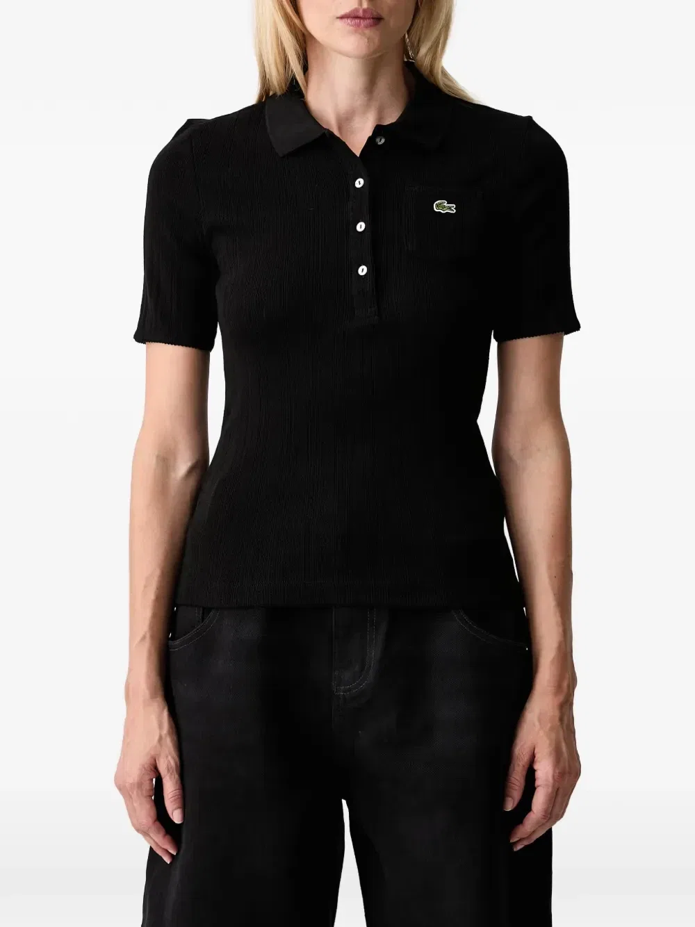 Поло с нашивкой-логотипом и резинкой в рубчик Lacoste, черный — фото 3