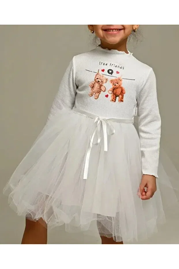 Детское платье для девочек с принтом Cute Bears Printed Tulle Neocotton, Ecru — фото 2