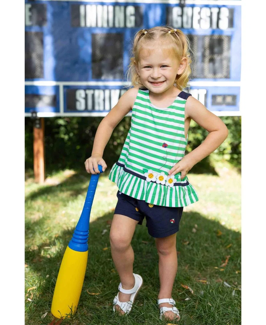 Детский комплект для девочек из топа и шорт с принтом Big Girl Knit Short Set With Softballs, Flowers, Ladybug Florence Eiseman, Green — фото 4