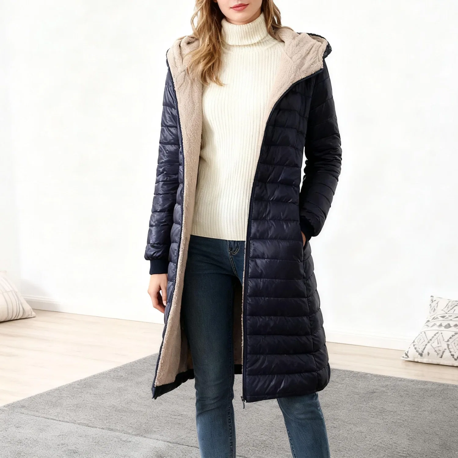 Женское зимнее пальто с капюшоном и утеплителем, Blu navy — фото 2